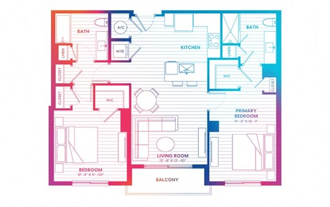 Floor plan for 2 beds, 2 baths, 1065 sqft